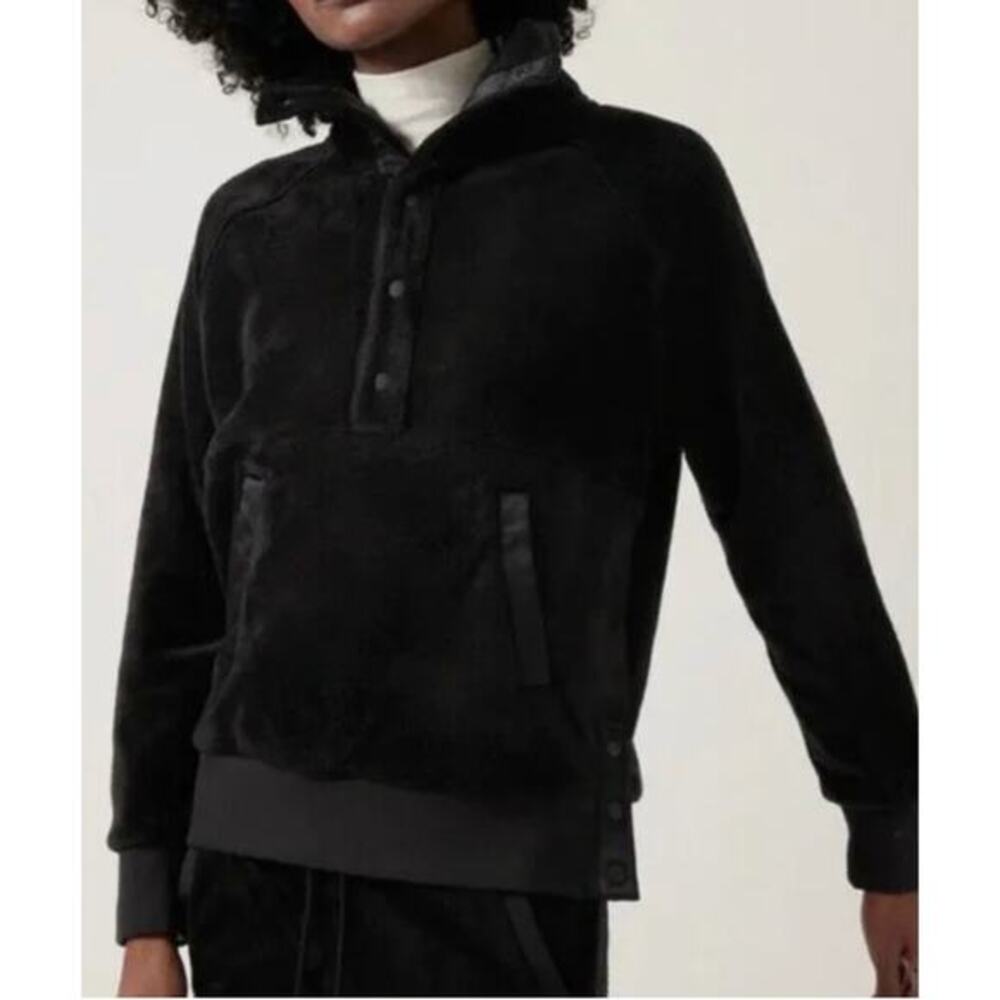 Athleta Recover Cozy Snap front sweat shirt black athleisure fleece